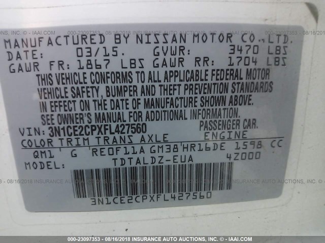 3N1CE2CPXFL427560 - 2015 NISSAN VERSA NOTE S/S PLUS/SV/SL/SR WHITE photo 9