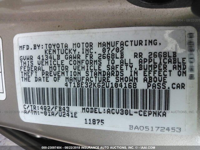 4T1BE32K62U104168 - 2002 TOYOTA CAMRY LE/XLE/SE Қоңыр фото 9