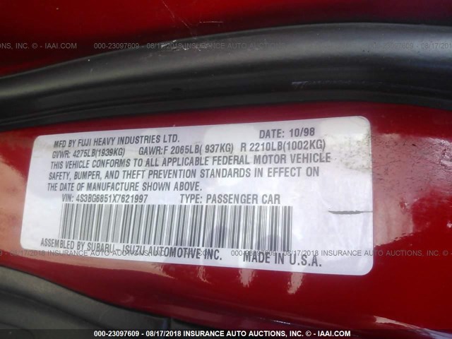 4S3BG6851X7621997 - 1999 SUBARU LEGACY OUTBACK/SSV/LIMITED/30TH RED photo 9