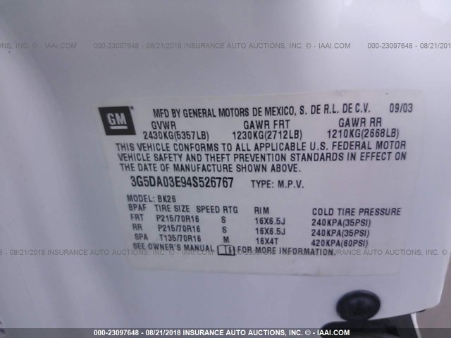 3G5DA03E94S526767 - 2004 BUICK RENDEZVOUS CX/CXL WHITE photo 9