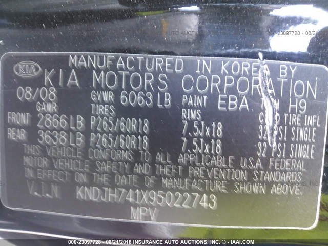 KNDJH741X95022743 - 2009 KIA BORREGO LX/EX BLACK photo 9