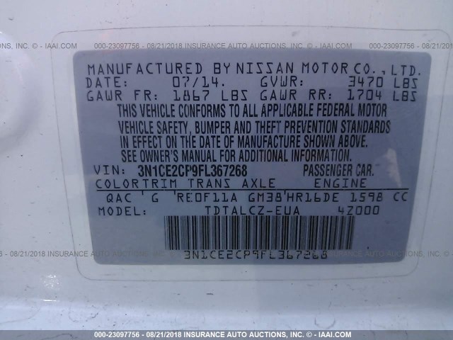 3N1CE2CP9FL367268 - 2015 NISSAN VERSA NOTE S/S PLUS/SV/SL/SR WHITE photo 9