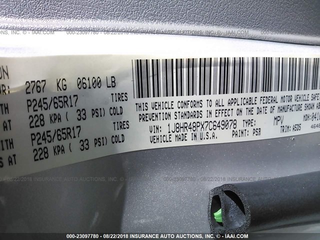 1J8HR48PX7C649078 - 2007 JEEP GRAND CHEROKEE LAREDO/COLUMBIA/FREEDOM ვერცხლისფერი ფოტო 9