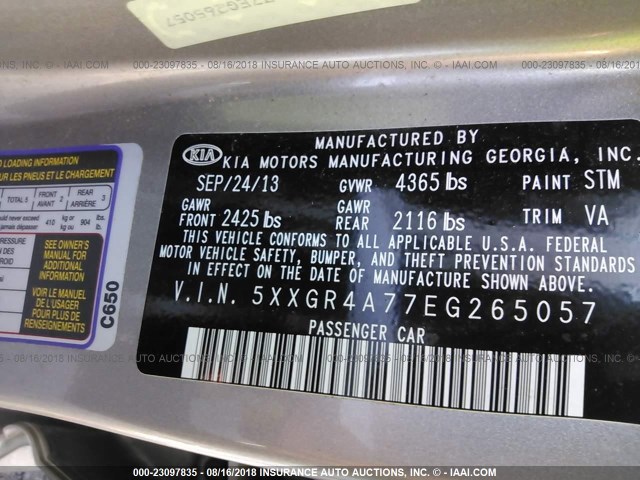 5XXGR4A77EG265057 - 2014 KIA OPTIMA SX SILVER photo 9