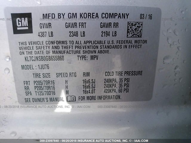 KL7CJNSB0GB655860 - 2016 CHEVROLET TRAX LS SILVER photo 9