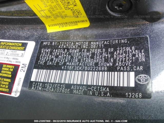 4T1BF3EK7BU222688 - 2011 TOYOTA CAMRY SE/LE/XLE ნაცრისფერი ფოტო 9