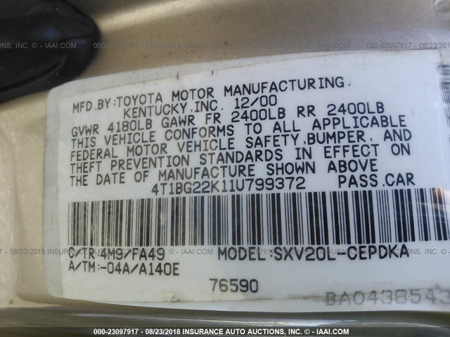 4T1BG22K11U799372 - 2001 TOYOTA CAMRY CE/LE/XLE 金色 照片 9