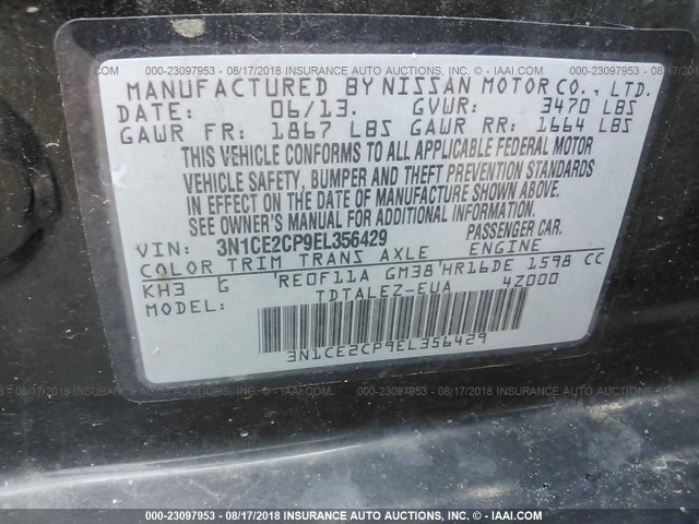 3N1CE2CP9EL356429 - 2014 NISSAN VERSA NOTE S/S PLUS/SV/SL BLACK photo 9