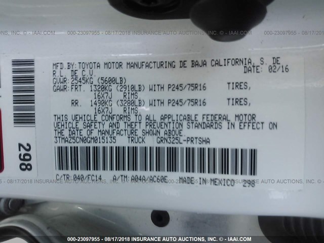 3TMAZ5CN0GM015135 - 2016 TOYOTA TACOMA DBL CAB/SR5/TRD SPORT/OR WHITE photo 9