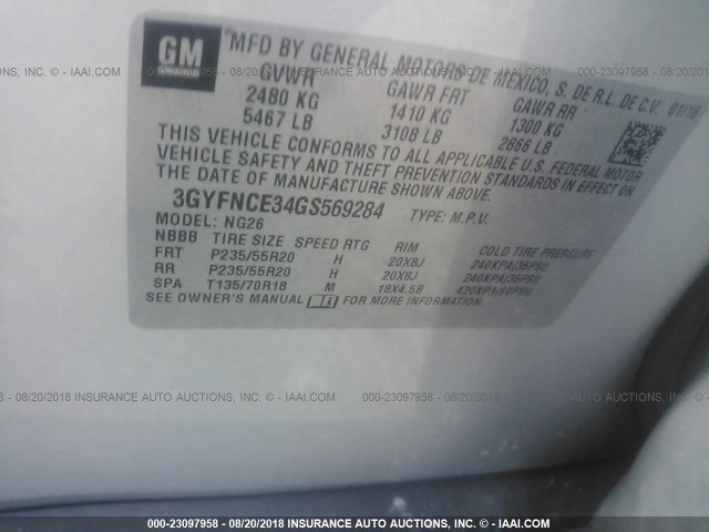 3GYFNCE34GS569284 - 2016 CADILLAC SRX PERFORMANCE COLLECTION Күміс фото 9