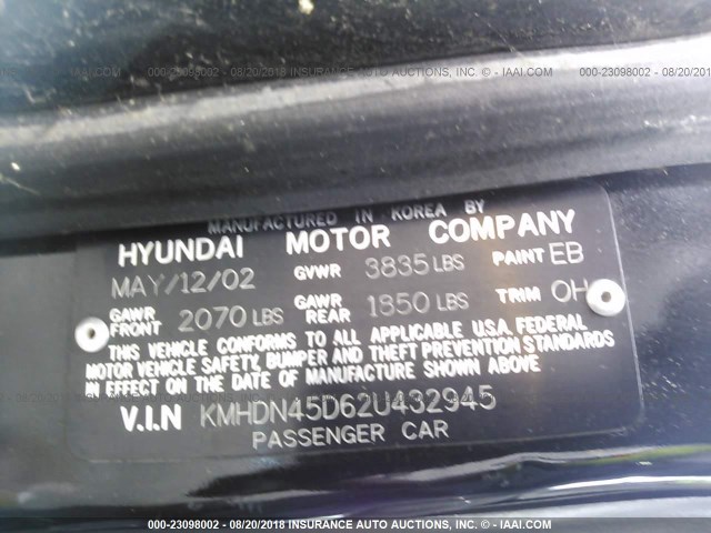 KMHDN45D62U432945 - 2002 HYUNDAI ELANTRA GLS/GT BLACK photo 9