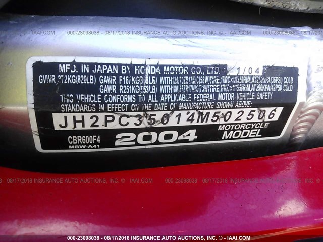 JH2PC35014M502506 - 2004 HONDA CBR600 F4 RED photo 10