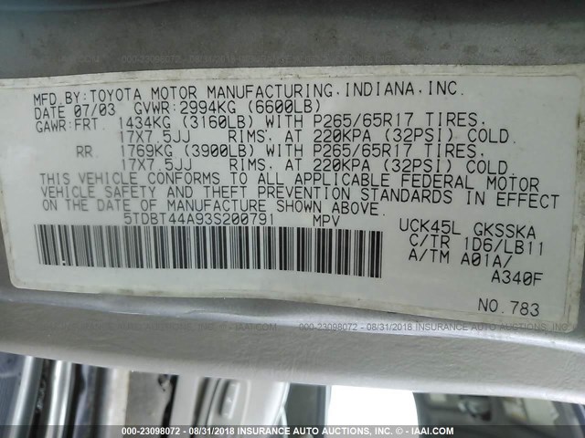 5TDBT44A93S200791 - 2003 TOYOTA SEQUOIA SILVER photo 9