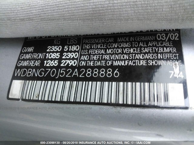 WDBNG70J52A288886 - 2002 MERCEDES-BENZ S 430 SILVER photo 9
