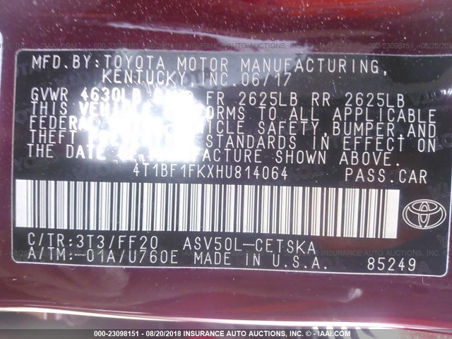 4T1BF1FKXHU814064 - 2017 TOYOTA CAMRY LE/XLE/SE/XSE 红色 照片 9