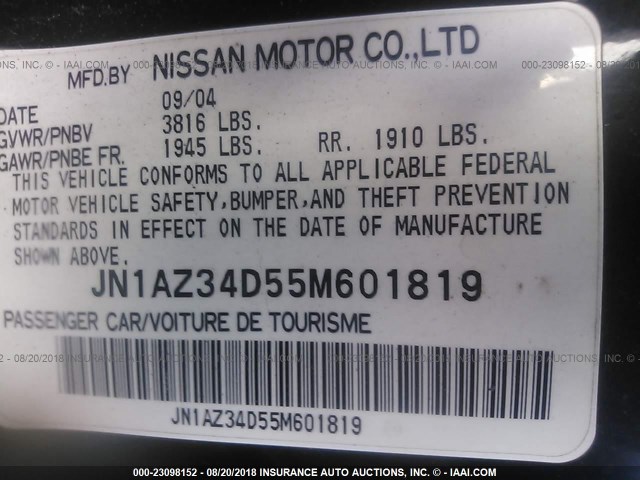 JN1AZ34D55M601819 - 2005 NISSAN 350Z COUPE BLACK photo 9