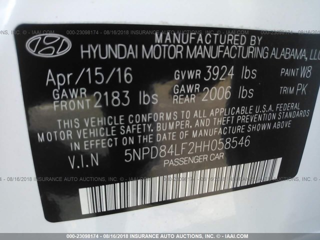 5NPD84LF2HH058546 - 2017 HYUNDAI ELANTRA SE/VALUE/LIMITED WHITE photo 9