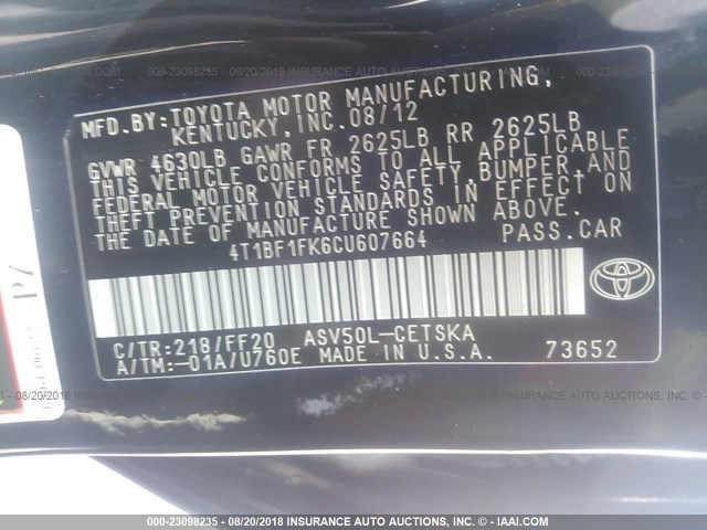 4T1BF1FK6CU607664 - 2012 TOYOTA CAMRY SE/LE/XLE 黑色 照片 9