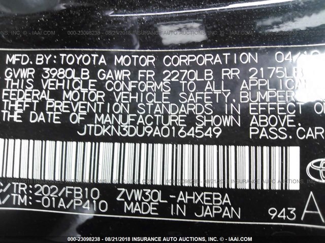 JTDKN3DU9A0164549 - 2010 TOYOTA PRIUS BLACK photo 9