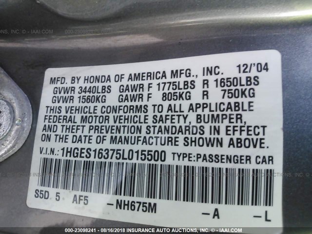 1HGES16375L015500 - 2005 HONDA CIVIC DX VP Boz foto 9