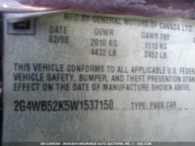 2G4WB52K5W1537150 - 1998 BUICK REGAL LS BURGUNDY photo 9