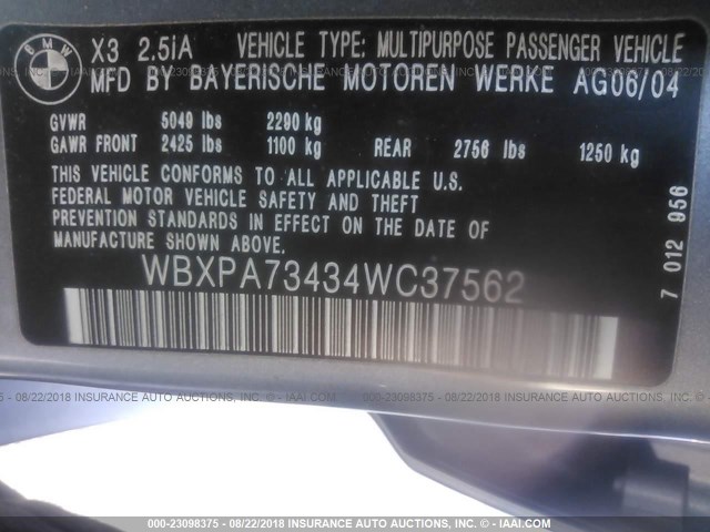 WBXPA73434WC37562 - 2004 BMW X3 2.5I SILVER photo 9