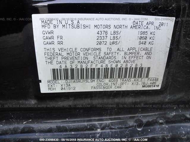 4A32B2FF4BE028283 - 2011 MITSUBISHI GALANT FE BLACK photo 9