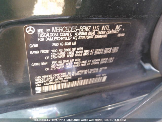 4JGAB72E8YA175551 - 2000 MERCEDES-BENZ ML 430 绿色 照片 9