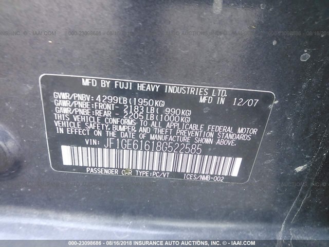 JF1GE61618G522585 - 2008 SUBARU IMPREZA 2.5I GRAY photo 9