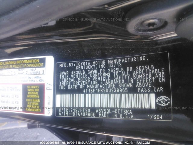 4T1BF1FK2DU238965 - 2013 TOYOTA CAMRY L/SE/LE/XLE შავი ფოტო 9