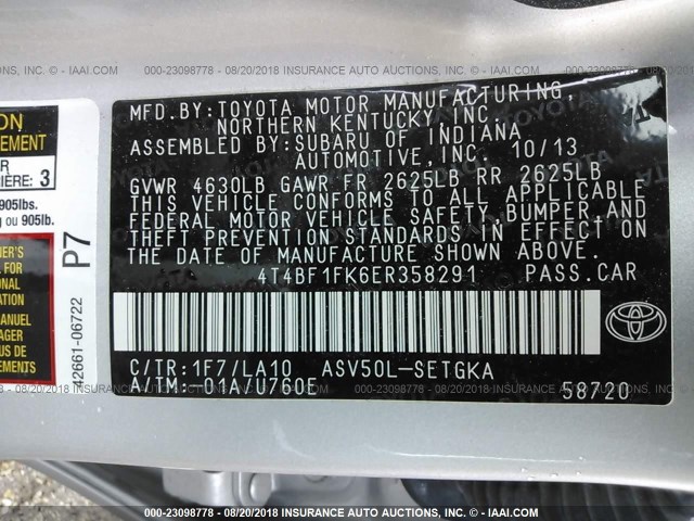 4T4BF1FK6ER358291 - 2014 TOYOTA CAMRY L/SE/LE/XLE 银色 照片 9