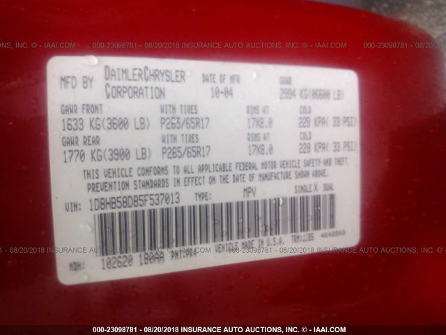 1D8HB58D85F537013 - 2005 DODGE DURANGO LIMITED RED photo 9