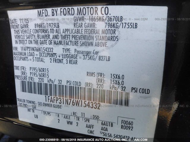 1FAFP31N76W154332 - 2006 FORD FOCUS ZX3 BLACK photo 9