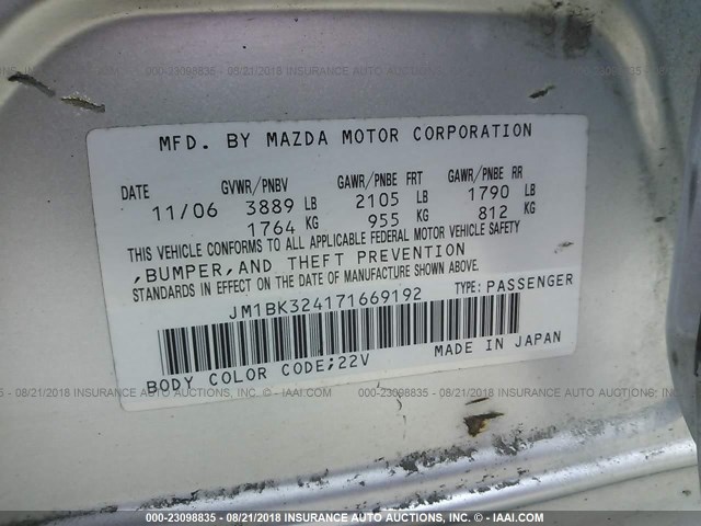 JM1BK324171669192 - 2007 MAZDA 3 S SILVER photo 9