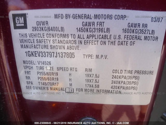 1GKEV33797J137805 - 2007 GMC ACADIA SLT-2 RED photo 9