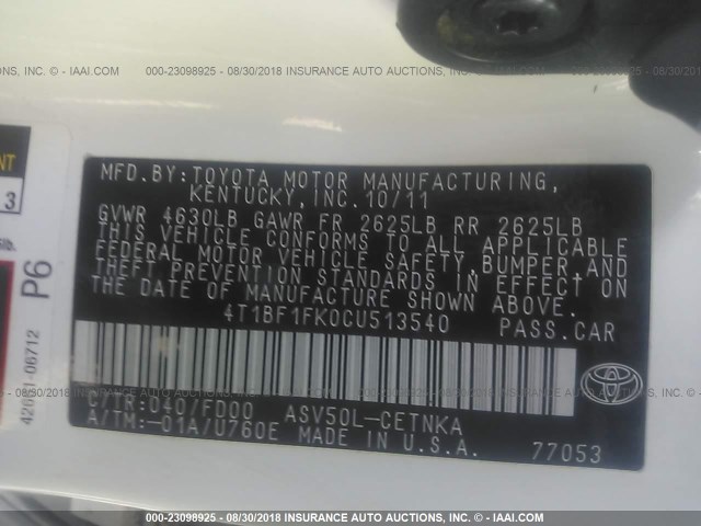 4T1BF1FK0CU513540 - 2012 TOYOTA CAMRY SE/LE/XLE თეთრი ფოტო 9