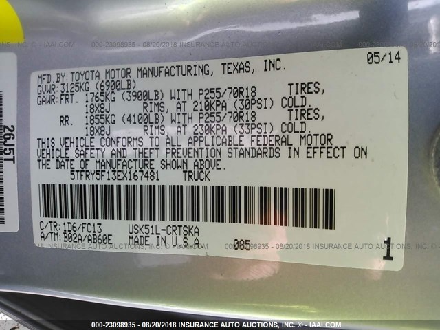 5TFRY5F13EX167481 - 2014 TOYOTA TUNDRA DOUBLE CAB SR/SR5 SILVER photo 9