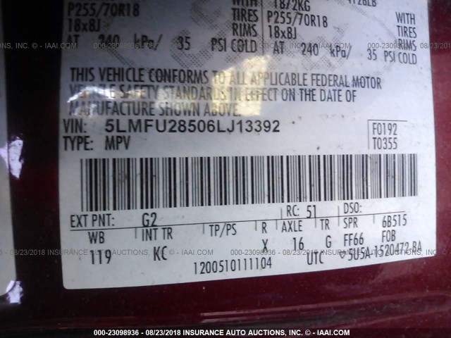 5LMFU28506LJ13392 - 2006 LINCOLN NAVIGATOR BURGUNDY photo 9