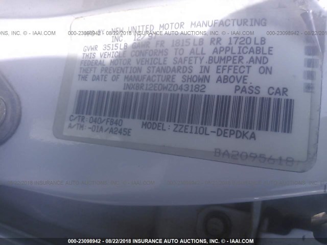 1NXBR12E0WZ043182 - 1998 TOYOTA COROLLA VE/CE/LE 白色 照片 9