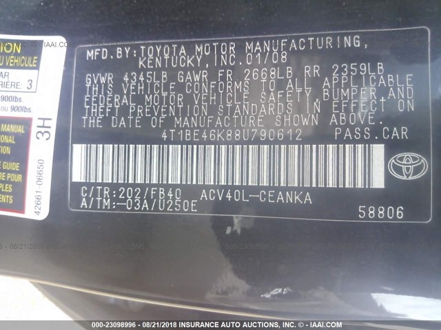 4T1BE46K88U790612 - 2008 TOYOTA CAMRY CE/LE/XLE/SE BLACK photo 9