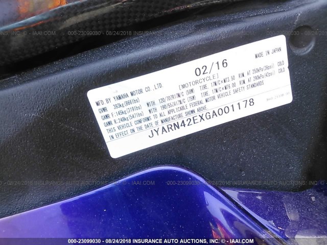 JYARN42EXGA001178 - 2016 YAMAHA YZFR1S PURPLE photo 10