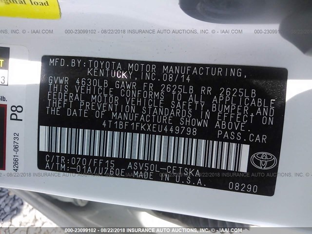 4T1BF1FKXEU449798 - 2014 TOYOTA CAMRY L/SE/LE/XLE 白色 照片 9