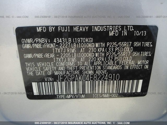 JF2GPAKC4E8224910 - 2014 SUBARU XV CROSSTREK 2.0 LIMITED SILVER photo 9