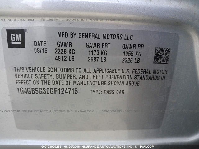 1G4GB5G30GF124715 - 2016 BUICK LACROSSE SILVER photo 9