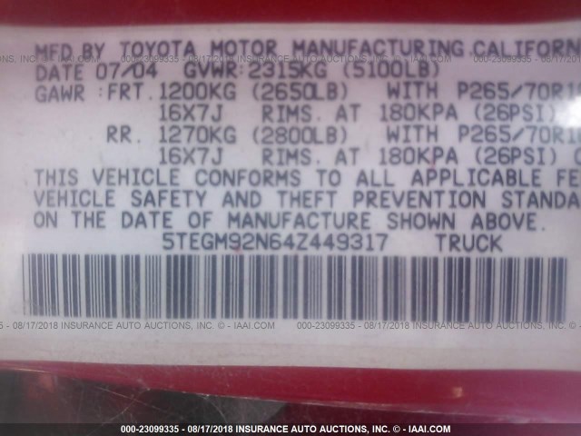 5TEGM92N64Z449317 - 2004 TOYOTA TACOMA DOUBLE CAB PRERUNNER RED photo 9