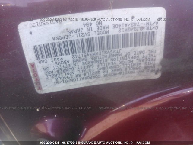 JT2SV21EXM3451742 - 1991 TOYOTA CAMRY DLX BURGUNDY photo 9