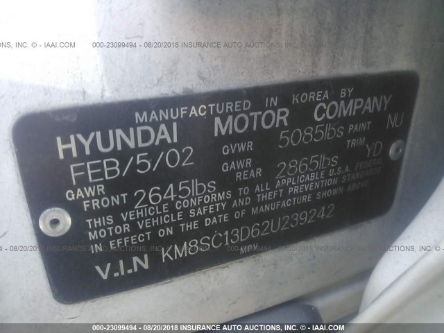 KM8SC13D62U239242 - 2002 HYUNDAI SANTA FE GLS/LX WHITE photo 9