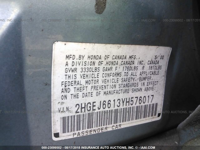 2HGEJ6613YH576017 - 2000 HONDA CIVIC SE GRAY photo 9