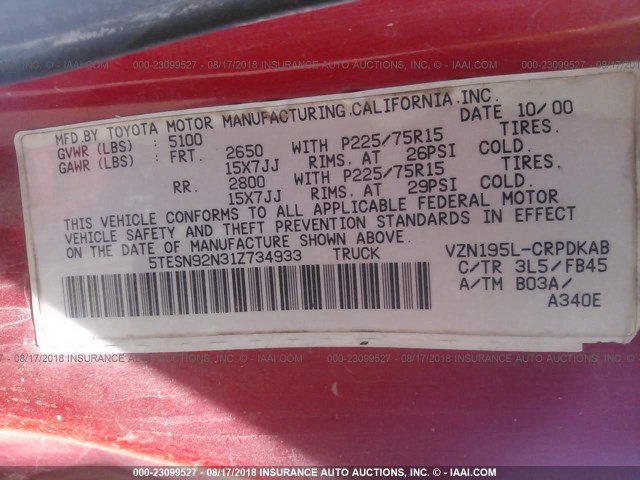 5TESN92N31Z734933 - 2001 TOYOTA TACOMA XTRACAB PRERUNNER წითელი ფოტო 9