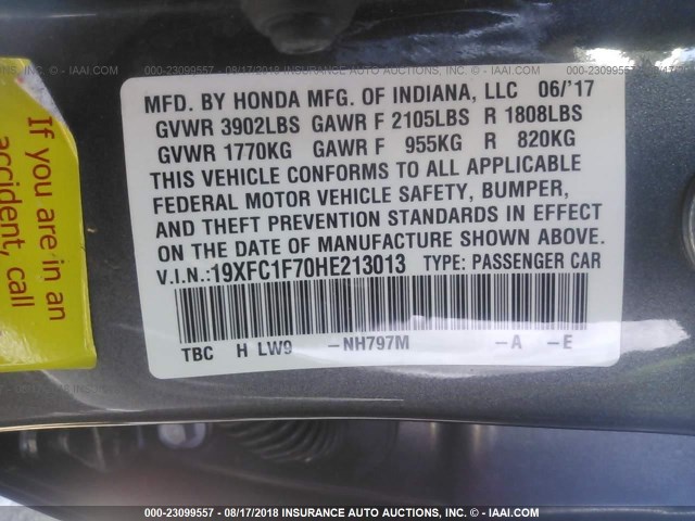 19XFC1F70HE213013 - 2017 HONDA CIVIC EXL 灰色 照片 9